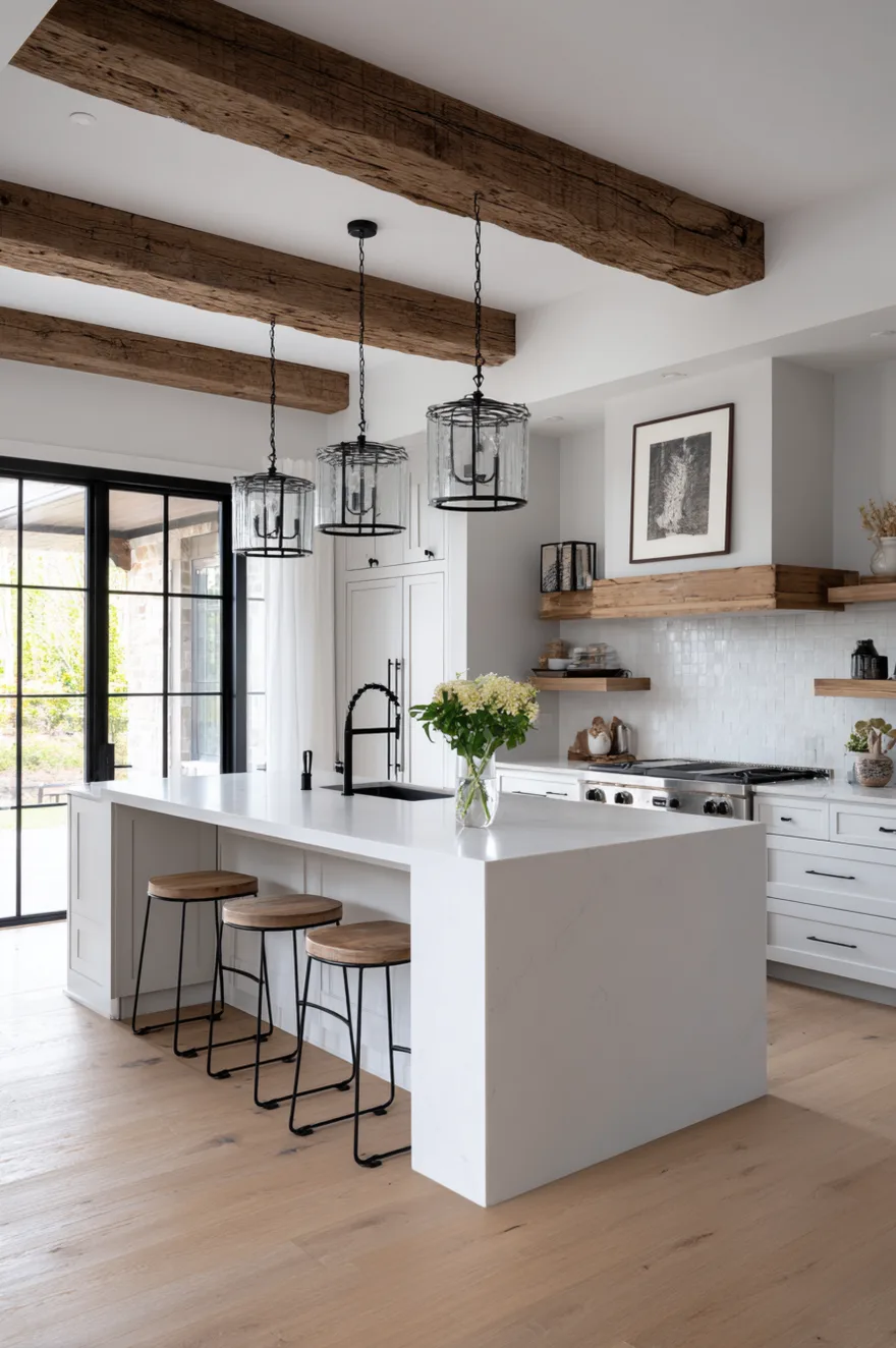 A bright kitchen space showcasing a white island with three round wood and metal stools, illuminated by black metal lantern pendants. Thick wood ceiling beams and floating wood shelves add warmth to the white cabinetry and black framed glass doors.