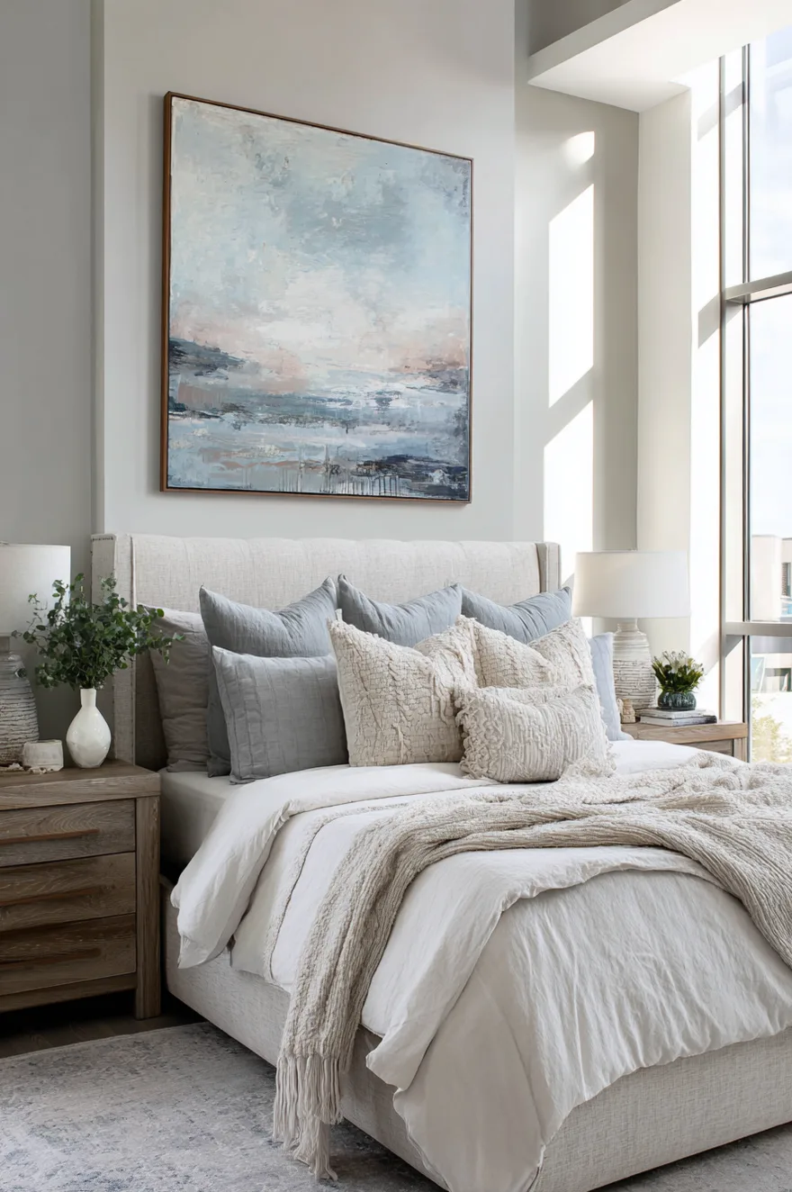 Large framed abstract landscape painting centered above a beige upholstered bed in a bright master bedroom.