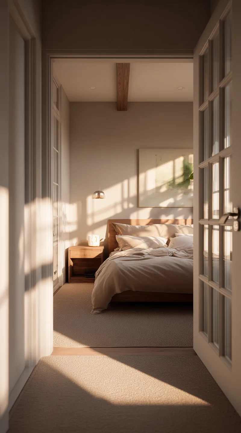 View into a small cozy bedroom showing a layout with clear walking paths around the bed.