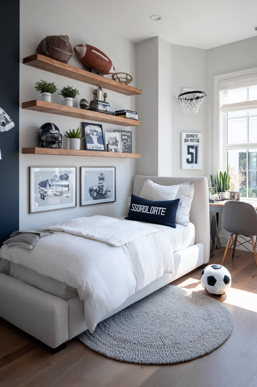 A boys bedroom featuring grey walls, a black metal bed frame with white bedding, and framed sports posters including football and baseball.