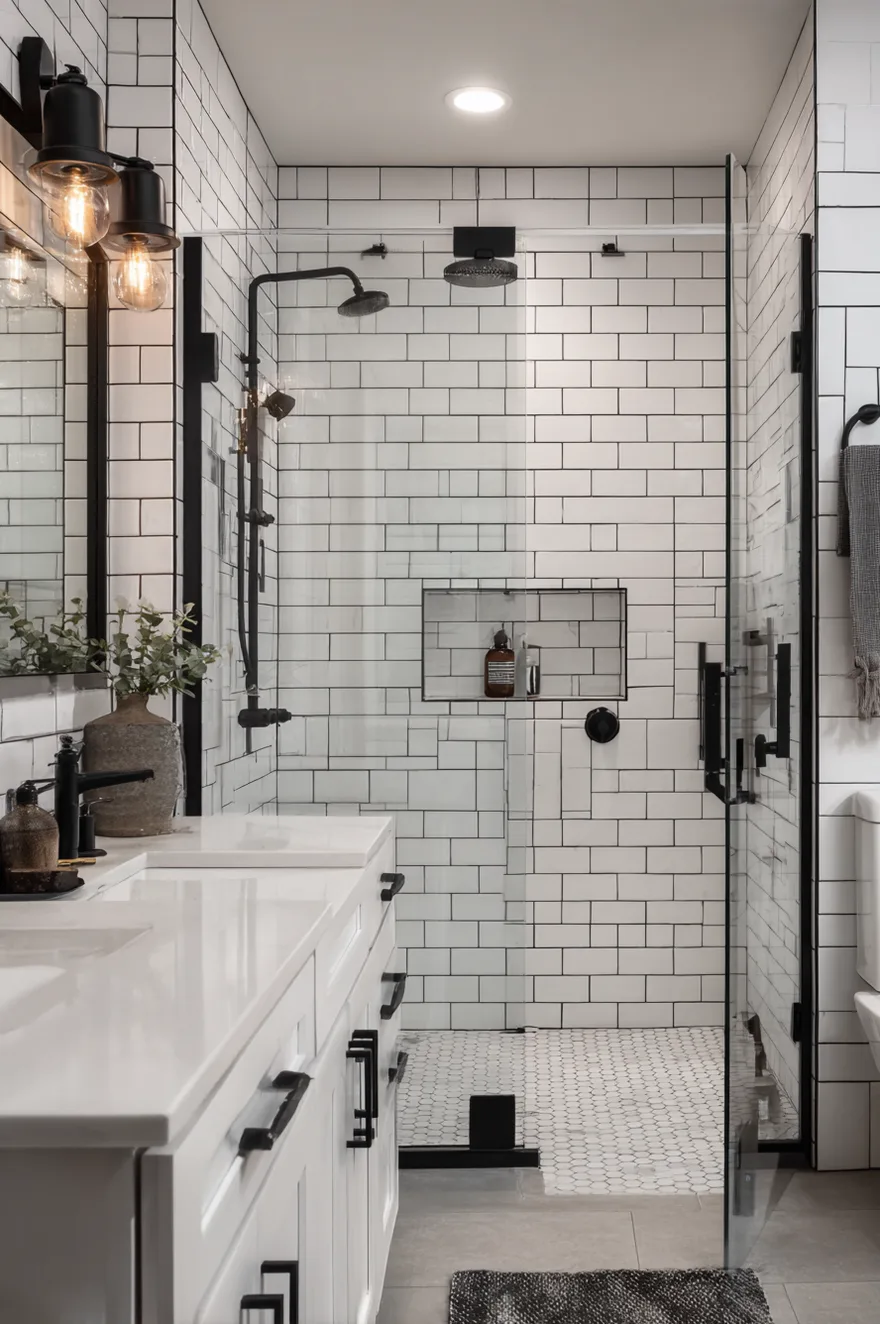 A bright bathroom featuring a walk in shower tiled with classic white subway tiles and dark contrasting grout. The shower is outfitted with matte black fixtures, a matching black framed glass door, and a built in niche. A white double vanity with black hardware sits in the foreground.
