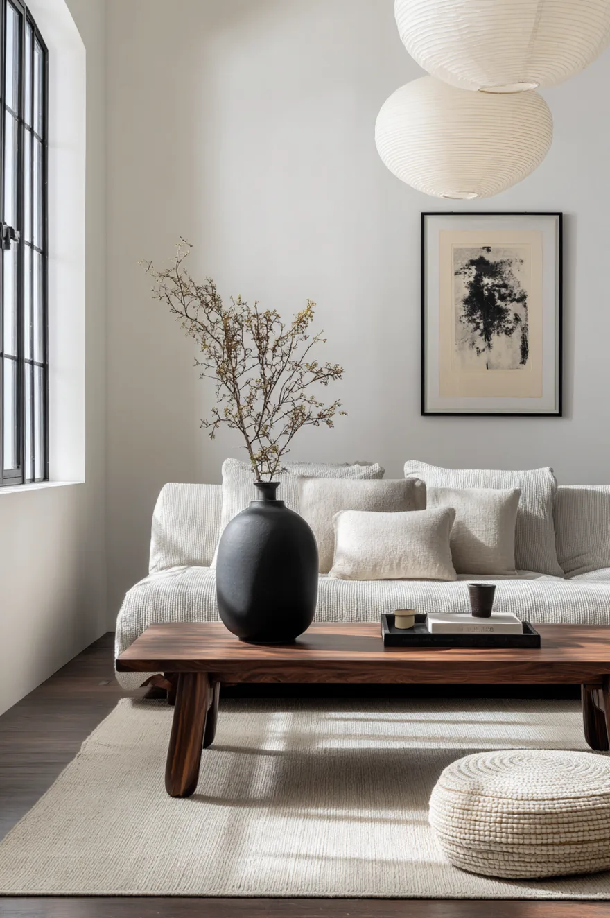 A low-profile, textured white sofa sits behind a dark, rich walnut wood coffee table. A large, matte black vase holding delicate branching stems rests on the table next to a black tray with books. Above the seating area, two large, round paper lantern pendants hang from the ceiling. A woven cream pouf sits on a light rug over dark wood flooring, and a framed abstract black and white print hangs on the white wall.