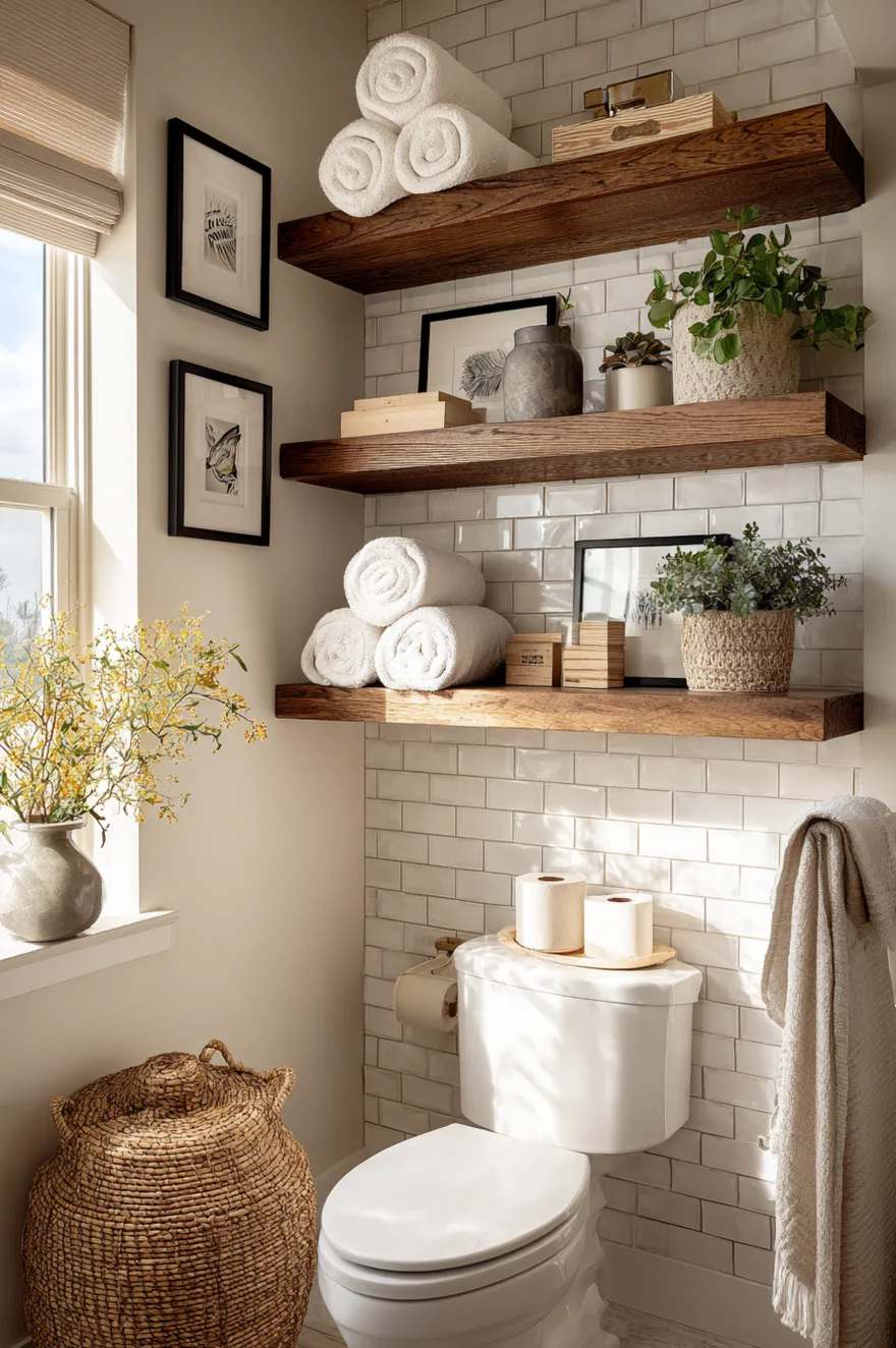 A bright bathroom corner showing two white floating shelves mounted on a white textured wall above a white toilet. The top shelf holds small decorative plants, clear glass bottles, and a small framed picture. The bottom shelf holds neatly stacked white and beige towels. Next to the shelves is a large round mirror with a thin black frame.