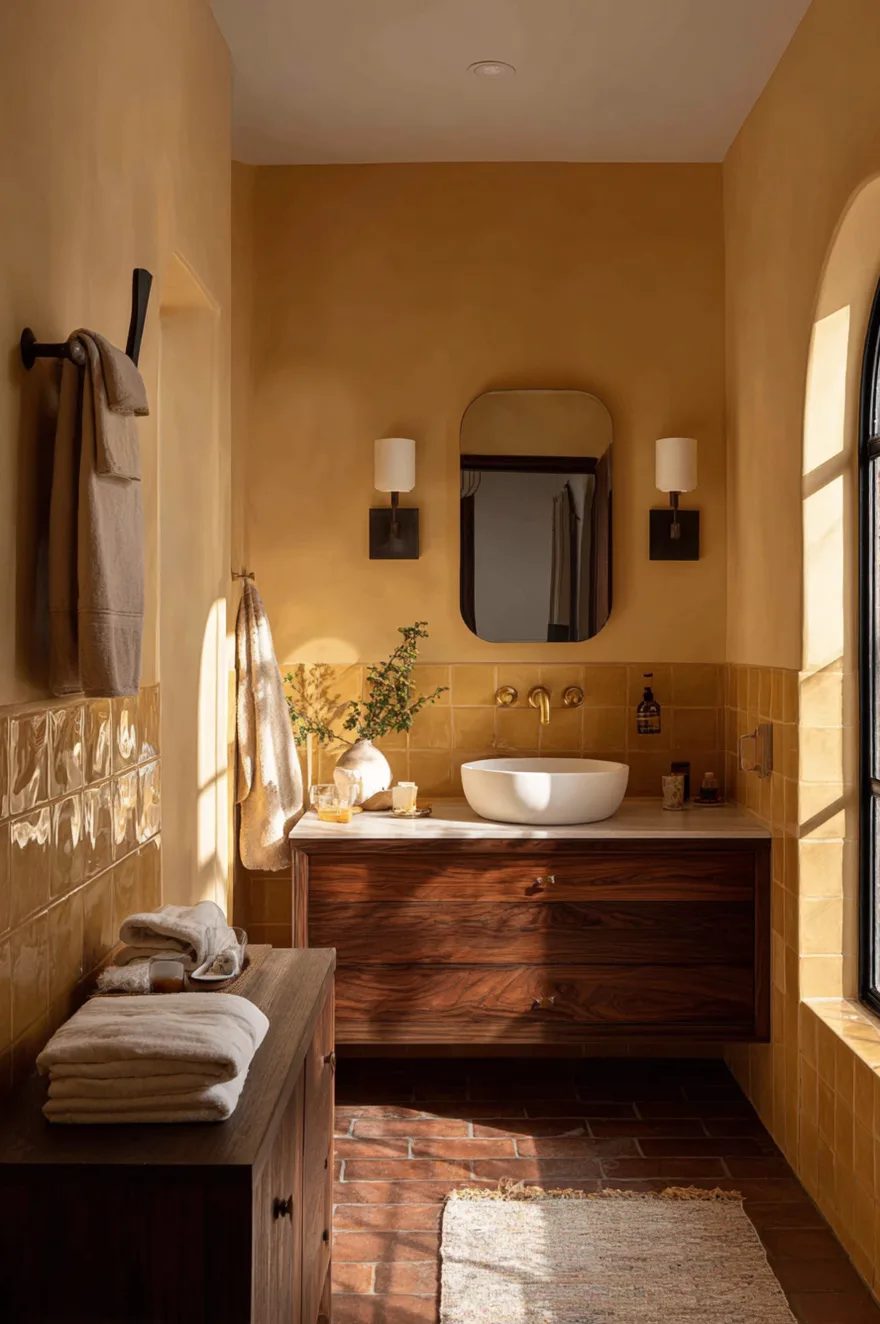 A bathroom with warm honey painted walls and matching square lower tiles, a dark wood vanity holding a white vessel sink, gold wall sconces, and a terracotta brick floor.