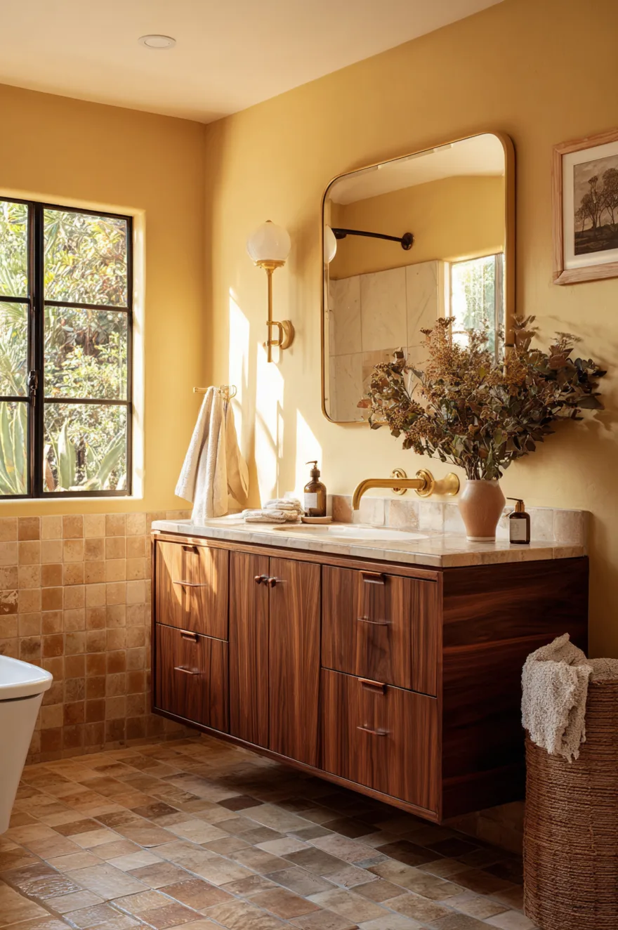 A bright bathroom featuring mustard yellow walls above tan square tiles, a sleek dark wood vanity with a white countertop and brass faucet, a gold framed mirror, and a large window.