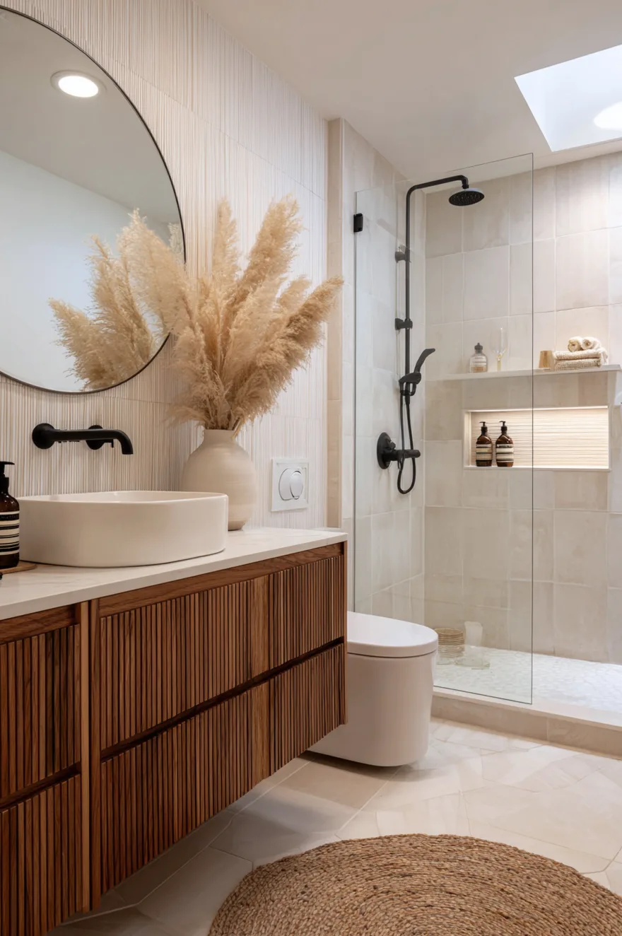 A serene and softly lit bathroom clad entirely in large, textured beige stone tiles on the walls and floor. Warm LED strip lighting glows from behind a large round mirror above a light wood floating vanity. A matching light wood shelf sits below. The glass partition reveals a sophisticated walk-in shower with gold fixtures and an open archway.