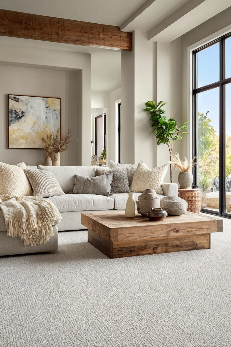 A neutral living room showcasing a durable white loop pile carpet beneath a beige sofa and a square reclaimed wood coffee table, with exposed wooden ceiling beams above.