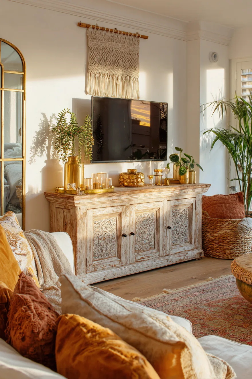 Distressed mango-wood console with a macramé wall hanging above the TV, brass candle holders at varied heights, a trailing string-of-pearls plant, and a Moroccan rug layered over sisal.