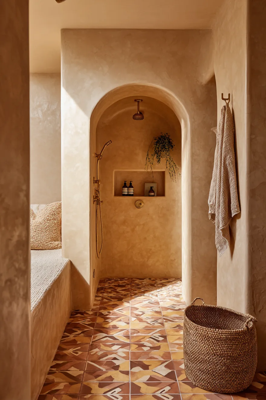 Rustic walk in shower with handmade terracotta encaustic tile floor leading the frame, warm tadelakt plaster walls, arched niche, and unlacquered brass fixtures.