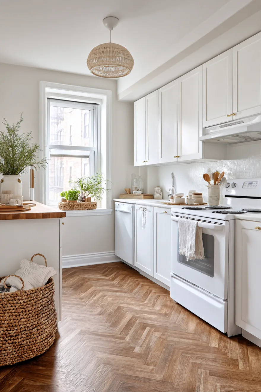 Herringbone peel and stick kitchen floor in warm wood-tone luxury vinyl plank with white painted cabinets, a ceramic pendant, and a woven tray on the counter in bright natural light.