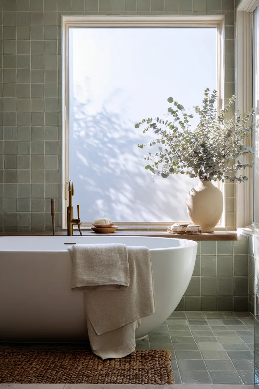 Muted sage green limewash tile wall behind a white cast-iron freestanding tub with warm brass fixtures and eucalyptus branches in a tall ceramic vase.