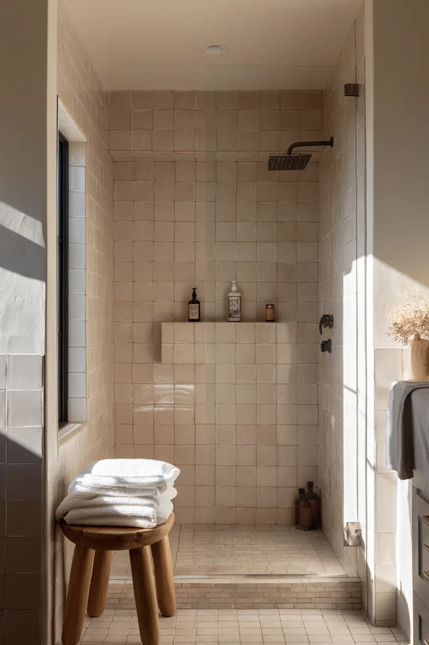 Small-format warm tan zellige handmade tile shower wall with charcoal graphite grout lines, oil-rubbed bronze shower fixtures, and a wooden stool with a folded white linen towel.