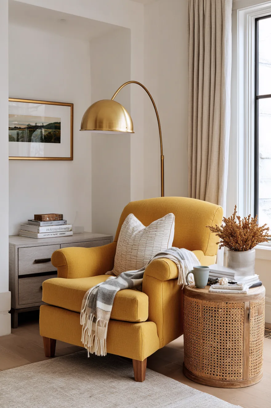 Warm mustard yellow upholstered reading chair in a living room corner with a brass arc floor lamp and small cane side table beside a neutral grey sofa and white oak floors.