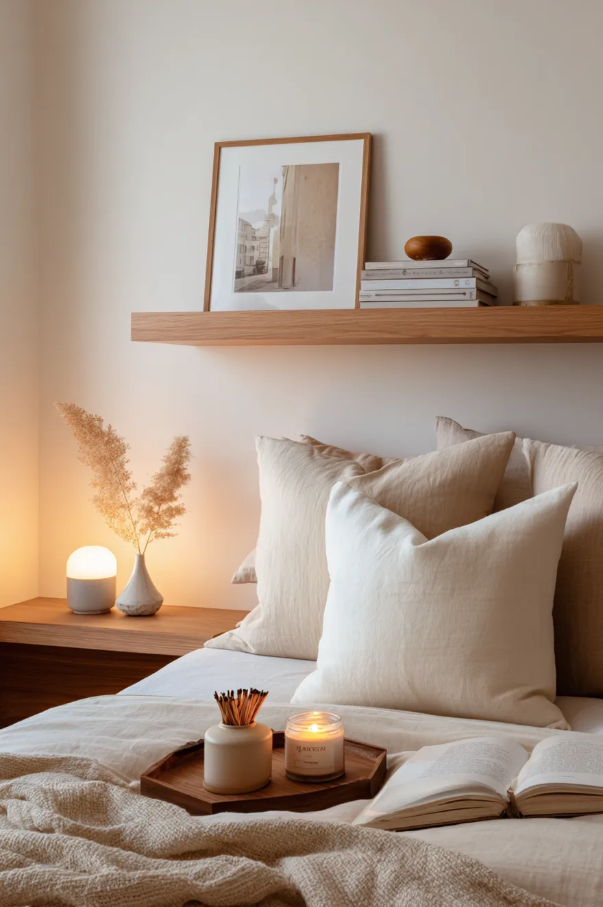 Shallow oak floating shelf beside a guest bed styled as a bedside surface with a wooden tray holding a candle and matches, a leaning framed print, and a bud vase with a dried stem.