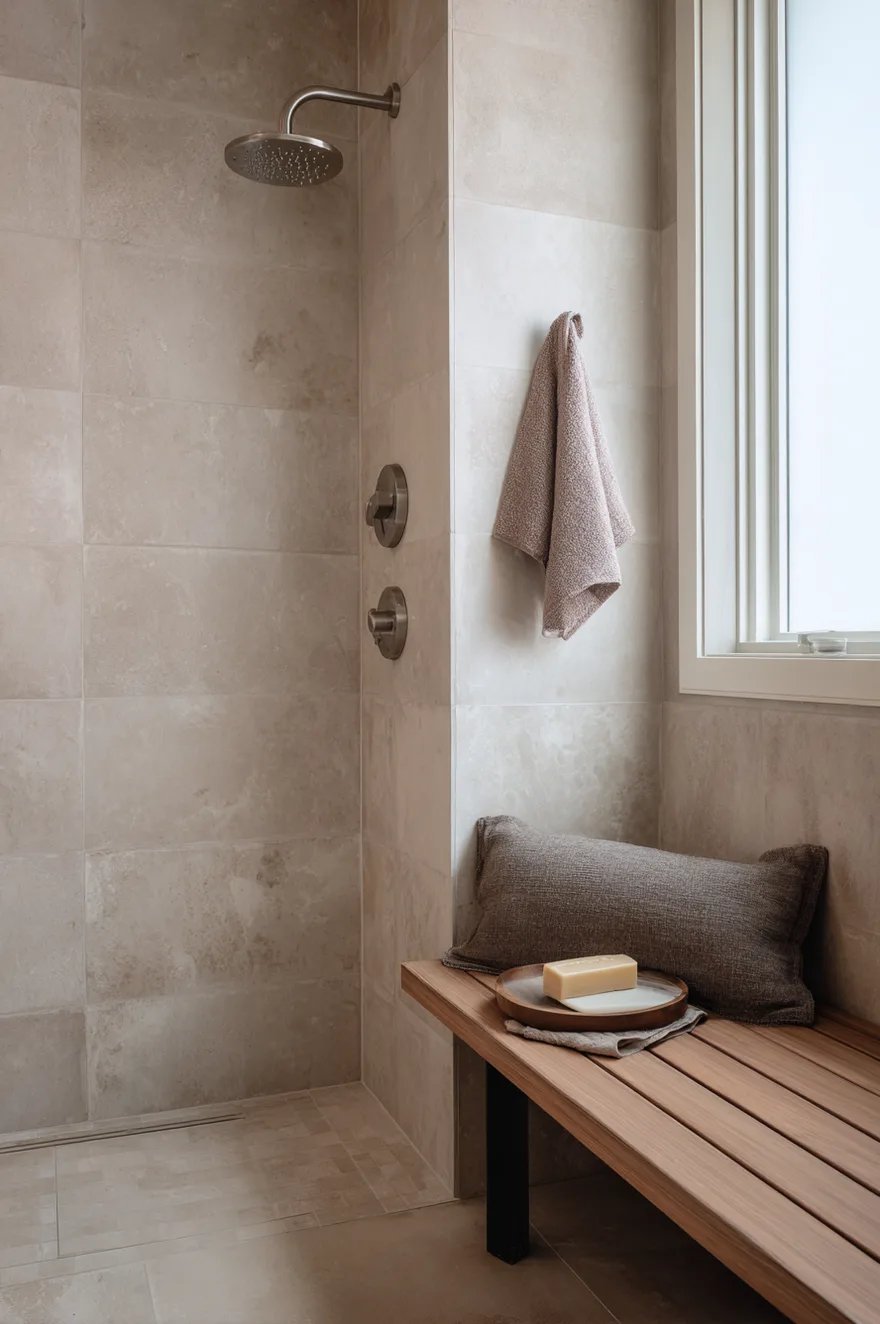 American Clay plaster in an oat tone on steam shower walls beside a brushed nickel rain head with a teak bench and a folded towel on a brushed nickel hook.
