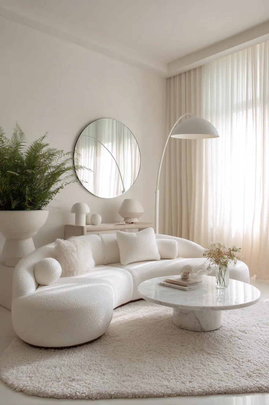 Serene white living room featuring a curved boucle sofa, round marble coffee table, and large round mirror creating a soft flow.