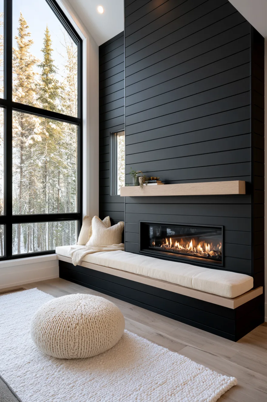 Tall black shiplap fireplace wall featuring a modern linear gas fireplace insert and a light wood floating mantel seamlessly connected to a long white cushioned window seat.