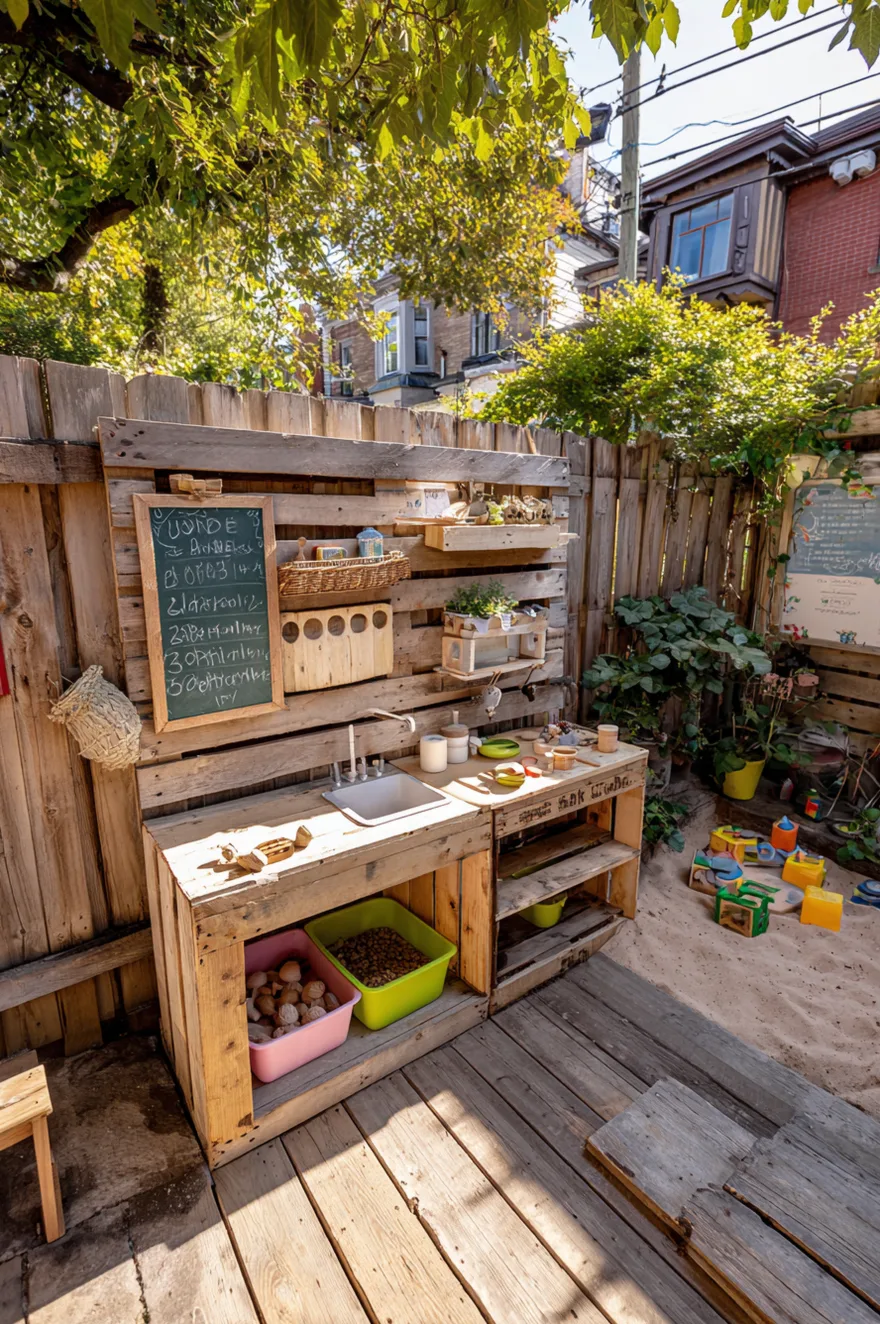 Rustic DIY children's mud kitchen made from reclaimed wood pallets on a grassy area, featuring metal bowls as sinks, hanging utensils, plastic pots, and a chalkboard sign.