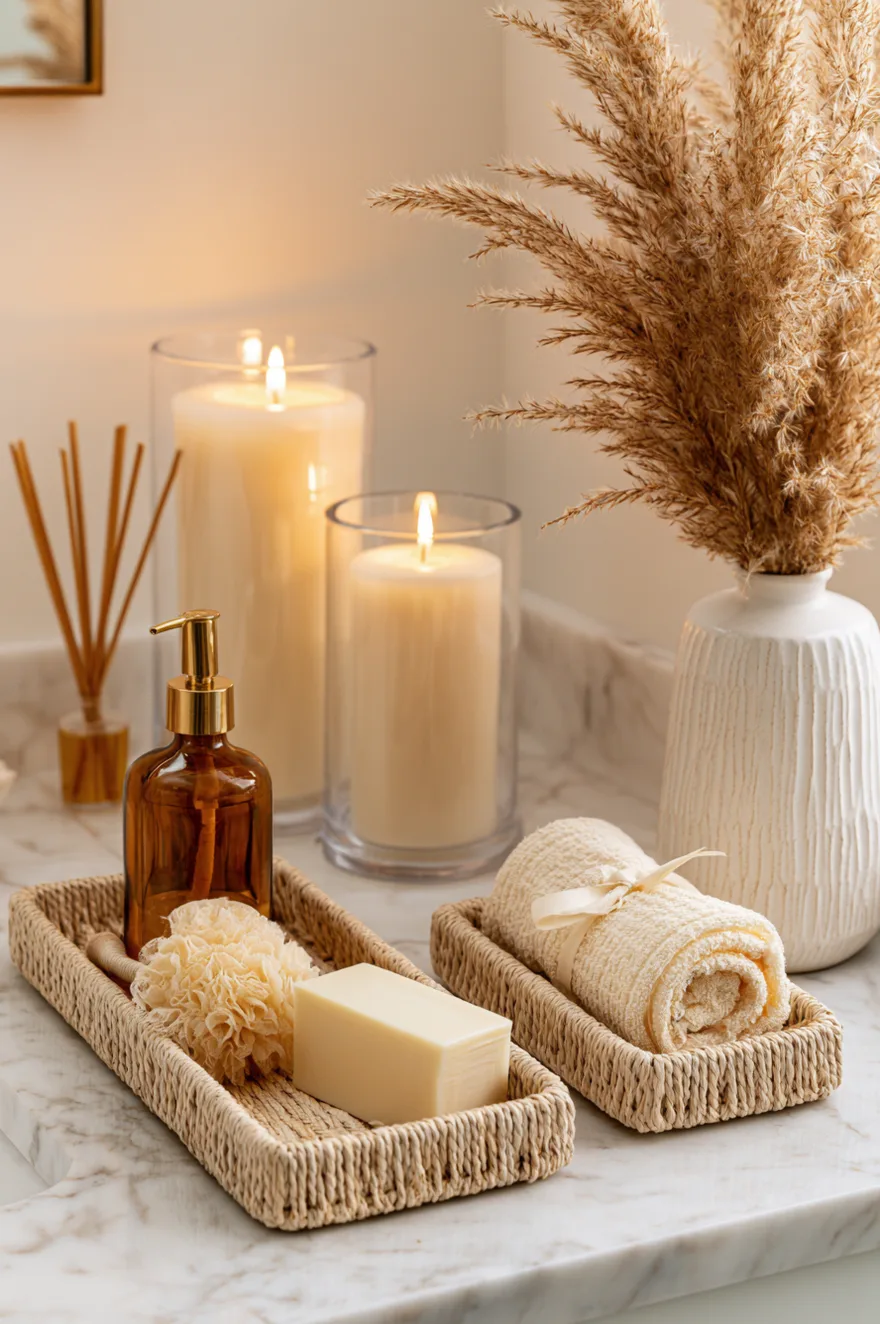 White marble bathroom countertop with two woven reed trays holding an amber soap dispenser, bar soap, and a rolled towel tied with a ribbon, set in front of tall lit pillar candles and a white vase with pampas grass.