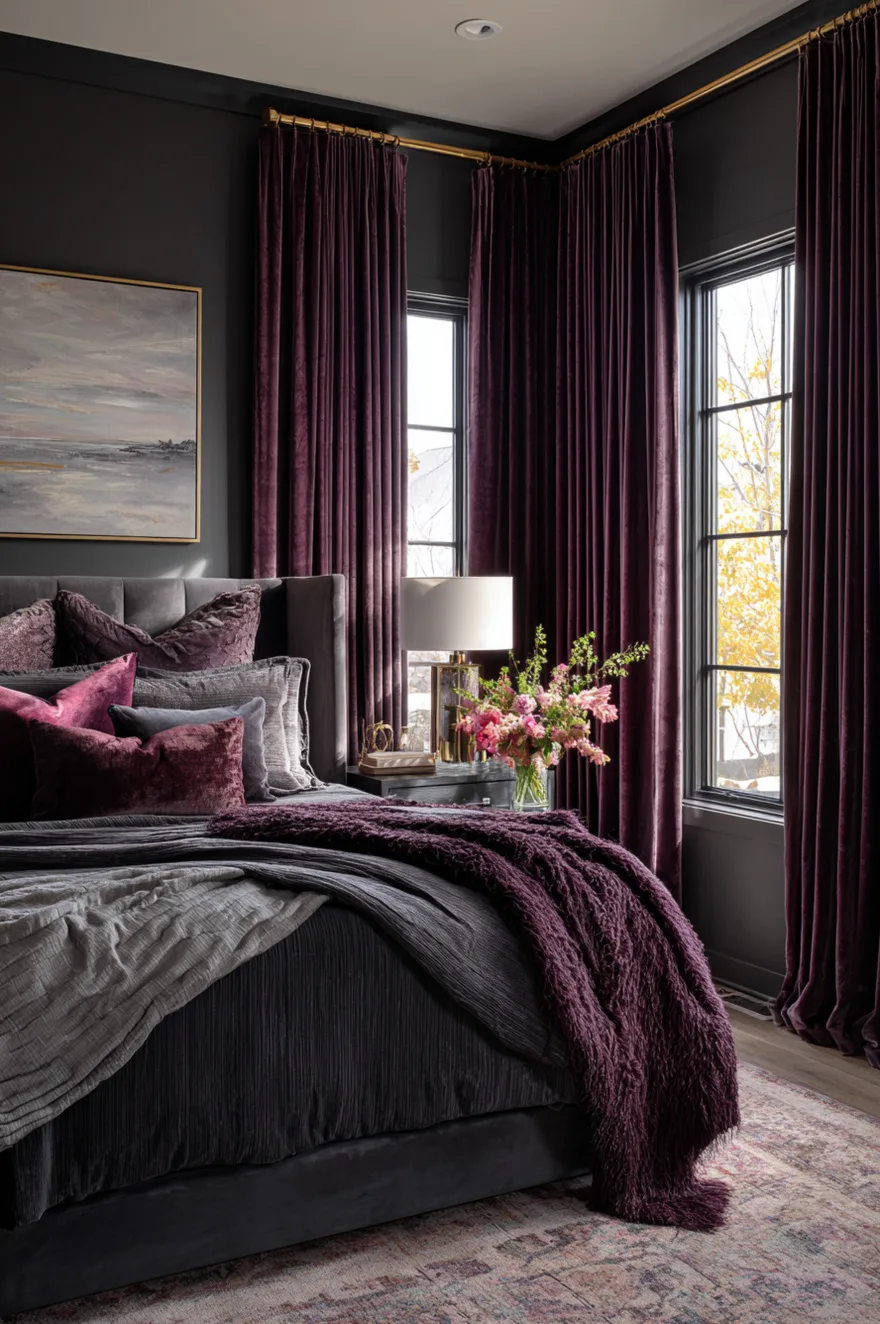 Bedroom with dark walls, a large window with heavy floor-length deep plum velvet curtains hung high and wide, next to an upholstered bed.