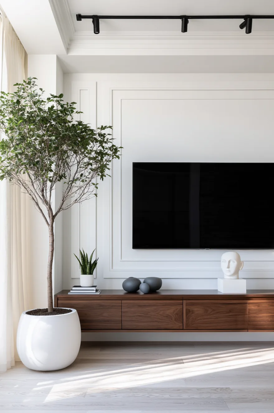 Bright white architectural accent wall featuring a large double-frame rectangular panel moulding trim detail behind a centered television screen. Below, a long floating dark walnut media console with a rich wood grain pattern runs along the wall, decorated with a tiny potted snake plant on a small stack of books, three charcoal grey stone spheres, and a white plaster human face sculpture on a square base. A massive indoor tree stands in a glossy white teardrop floor planter on the far left under black ceiling track lights.