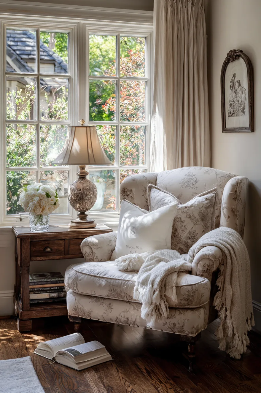 A cozy reading nook featuring a floral patterned wingback chair and a chunky knit throw blanket. A dark wood side table holds a large ornate lamp and a vase of white roses next to a bright window with a view of a garden.