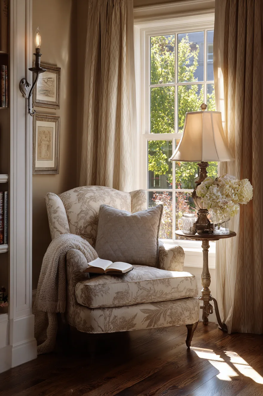 A vintage-style floral armchair sits in a sun-drenched corner with a small round pedestal table. A traditional lamp with a cream shade and a bouquet of white hydrangeas sit on the table, while an open book rests on the chair cushion.