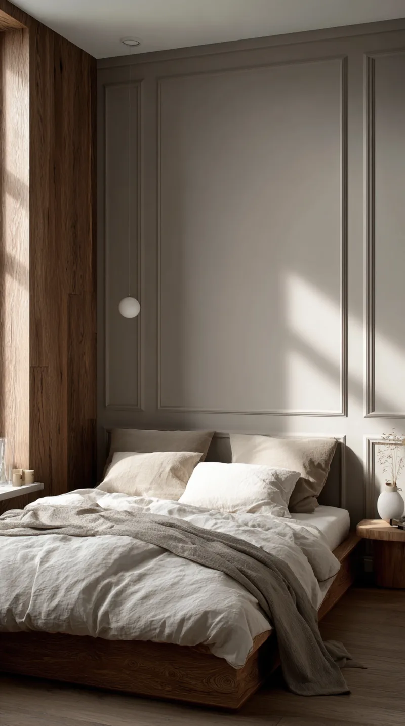 Modern bedroom featuring a neutral paneled accent wall behind a low platform bed.
