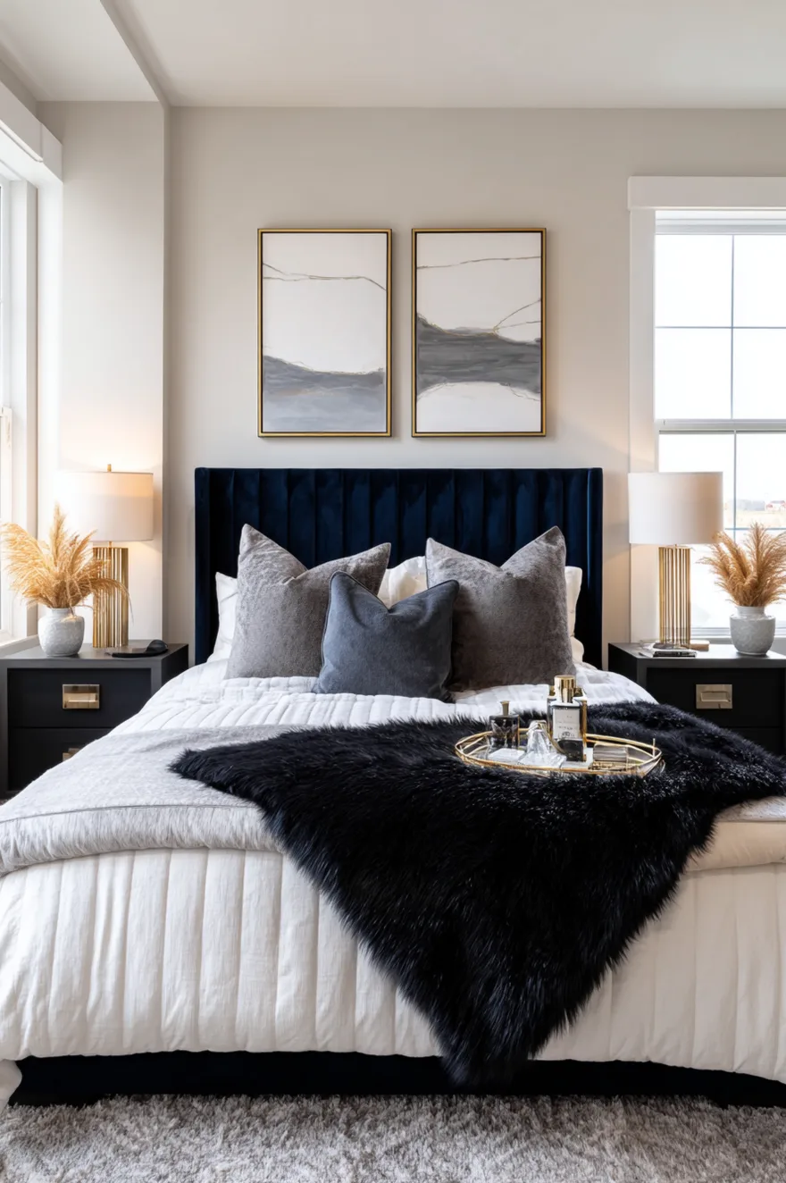 Symmetrical bedroom view featuring a channel-tufted dark green velvet headboard against grey walls. Matching dark wood and brass nightstands hold symmetrical black lamps. The bed is layered with white linens, grey textured blankets, and patterned pillows beneath centered abstract art.