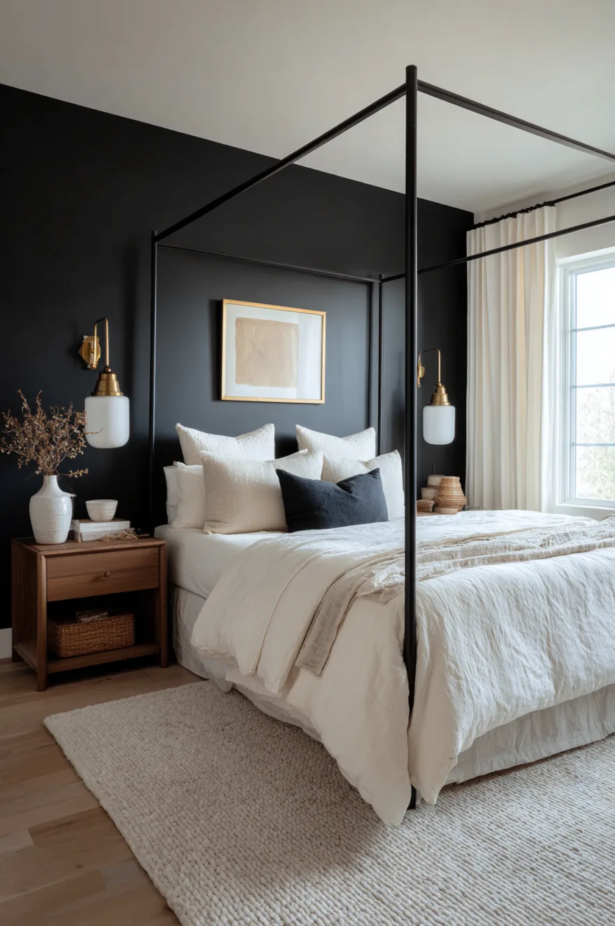 A primary bedroom showcasing a matte black accent wall behind a thin black metal canopy bed. The room features crisp white bedding, warm wood nightstands, brass wall sconces, and a textured beige rug under bright natural light.