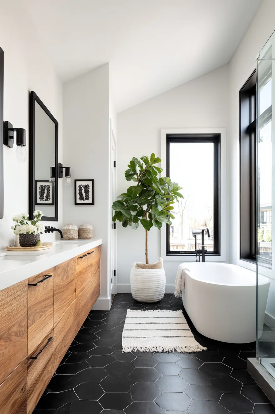 A minimalist bathroom featuring matte black hexagon floor tiles, contrasting with a sleek white freestanding bathtub and a black floor-mounted tub filler.