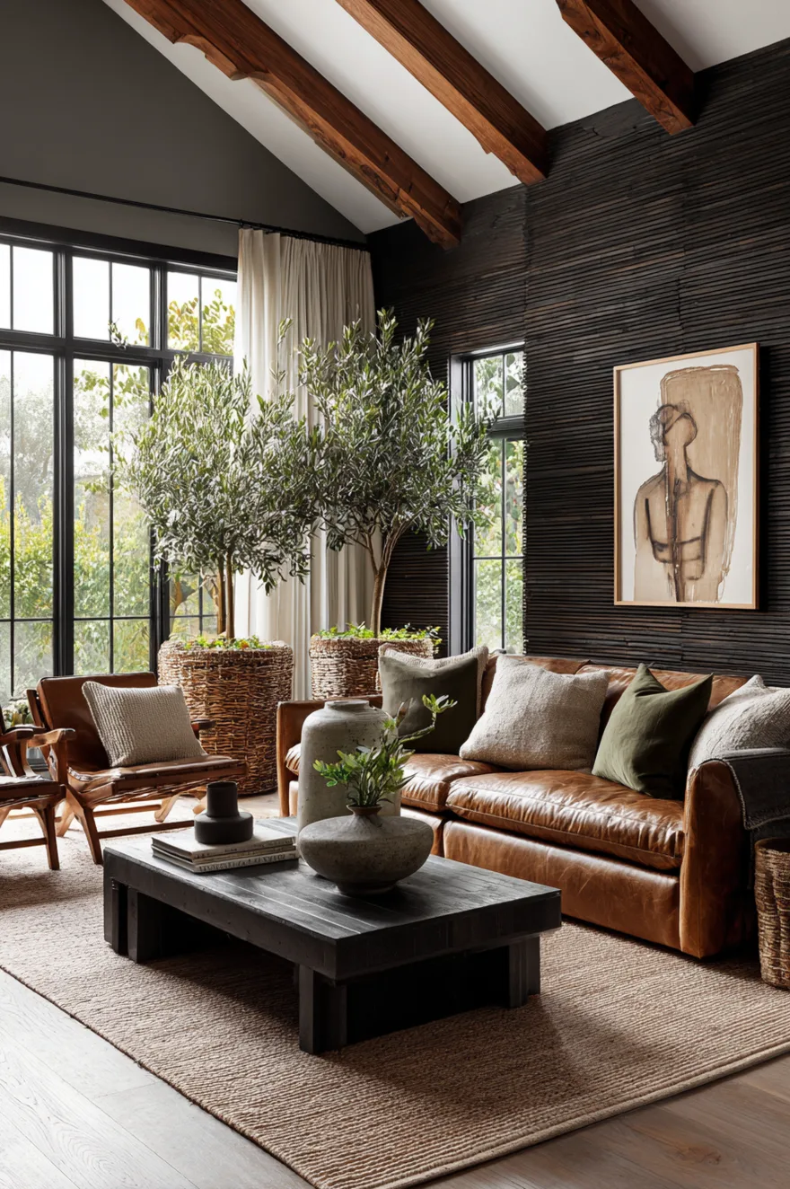 A relaxed living room with light brown walls and a tan sofa, decorated with sage green pillows, a green throw blanket, and a large fiddle leaf fig plant in a terracotta pot.