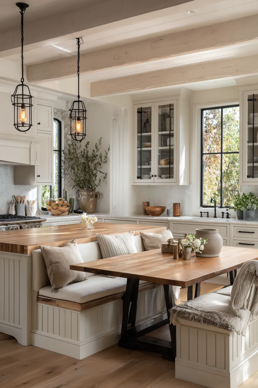 A cottage style kitchen featuring a large wood topped island with a built in upholstered bench on one side. A wooden dining table and a matching bench sit against the island seating, under black metal pendant lights.