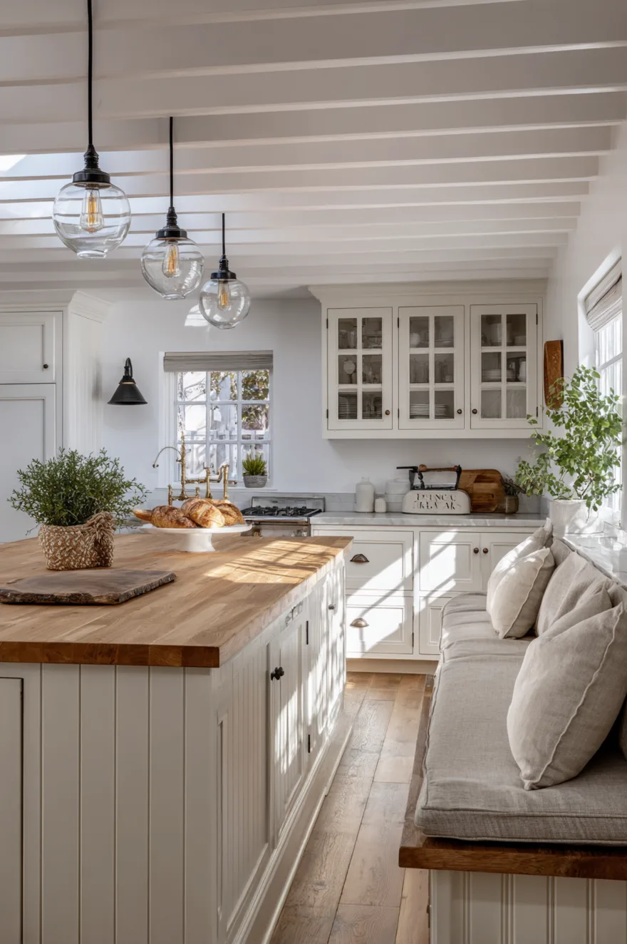 A sunlit cottage kitchen with white cabinets, a wood topped island, and clear glass globe pendants hanging from a white beamed ceiling. A long built in bench with neutral linen cushions sits beneath a window along the perimeter wall.