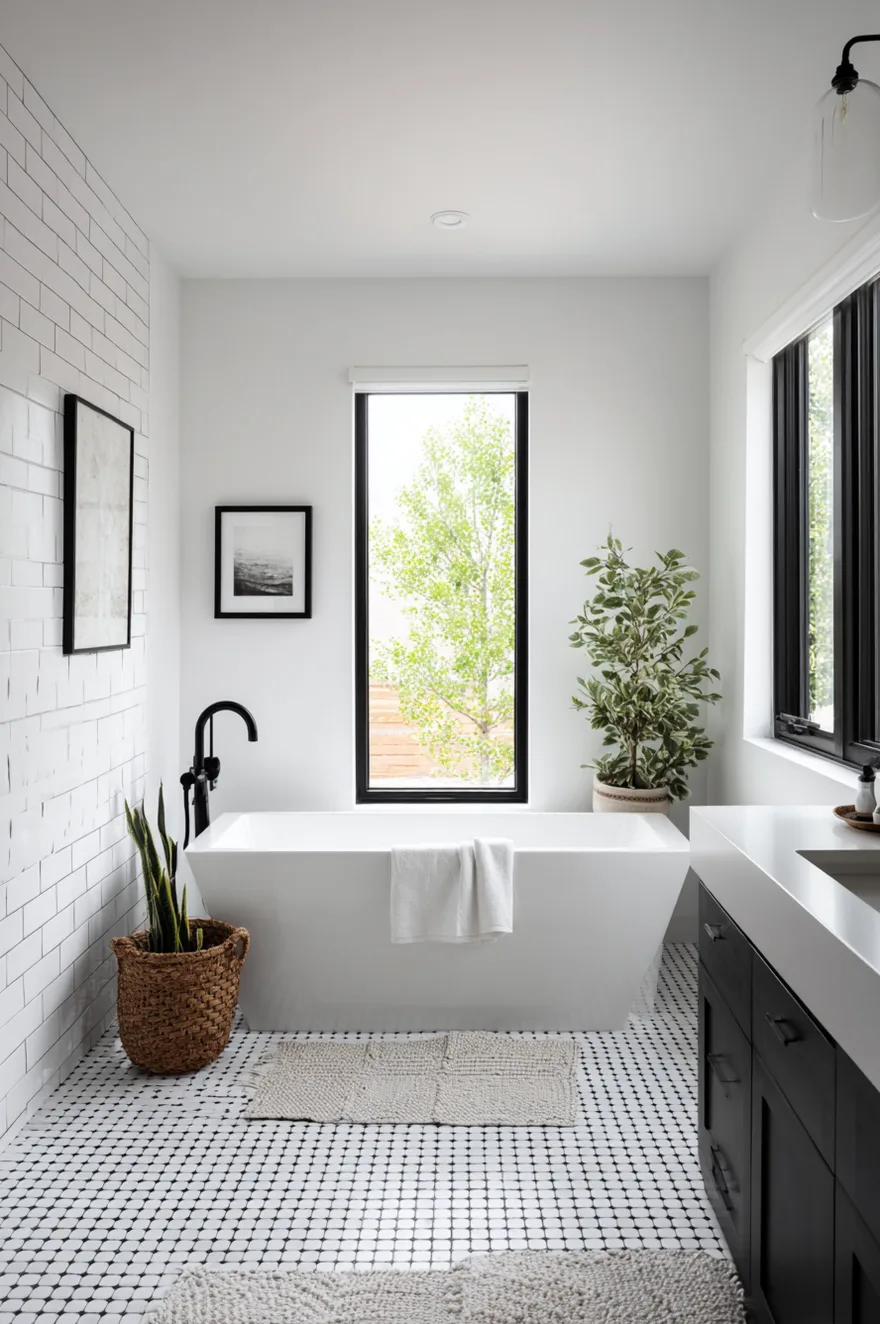A modern bathroom with crisp white walls and subway tile, a white freestanding tub with a black floor mounted faucet, a black vanity base, a black framed window, and black and white patterned floor tile.