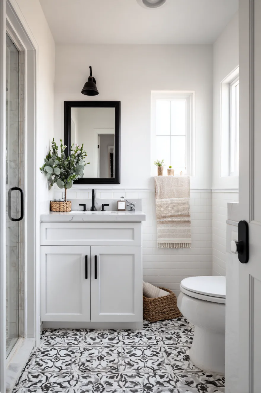 A bright bathroom featuring white upper walls and white subway tile wainscoting, a white vanity with black hardware, a black framed mirror, a black wall sconce, and patterned black and white floor tiles.