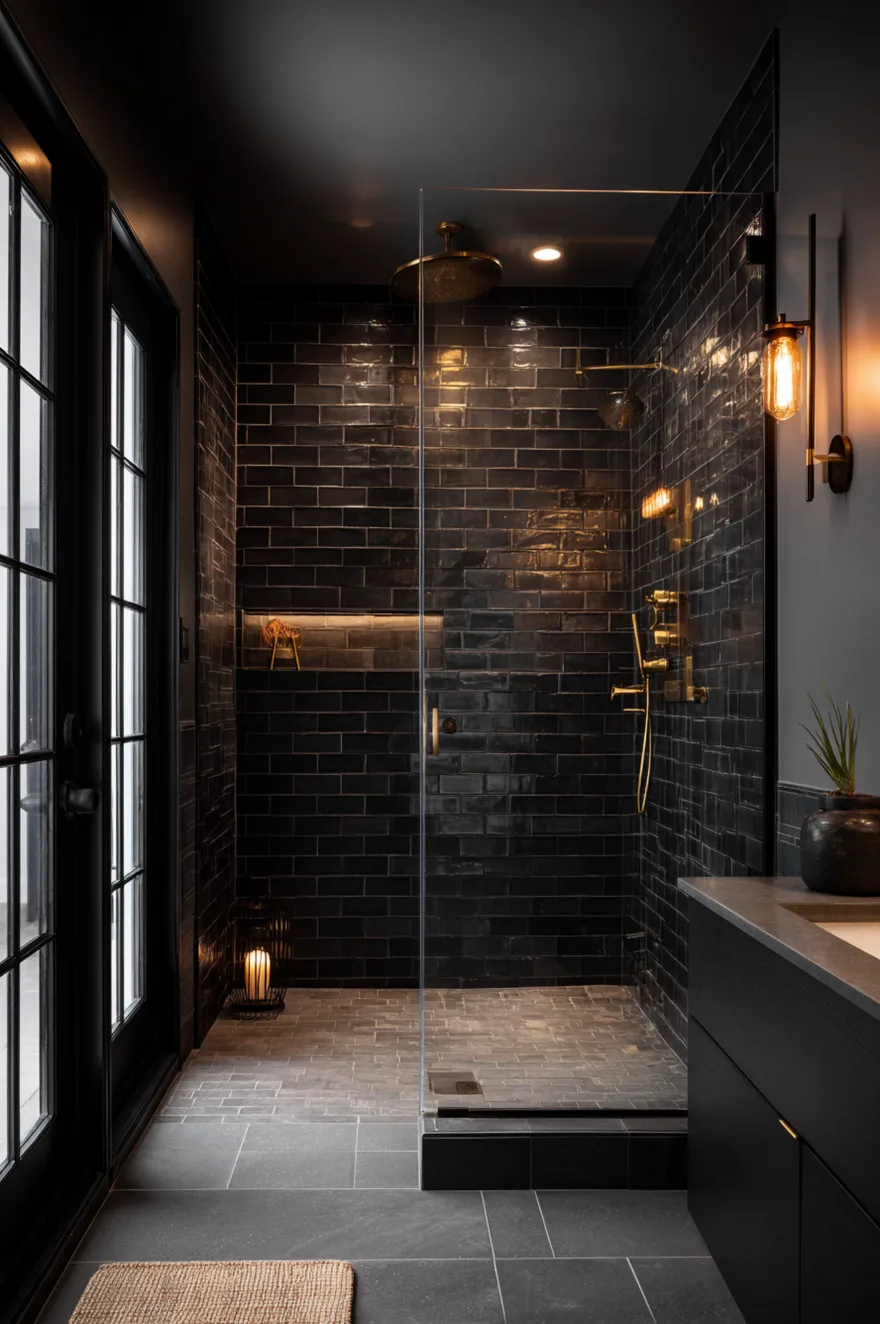 A dramatic and moody walk in shower fully tiled in glossy black rectangular tiles. The dark walls are contrasted by elegant brushed gold shower fixtures, a built in illuminated niche, and a gray stone floor. A black framed glass door leads into the sophisticated space.