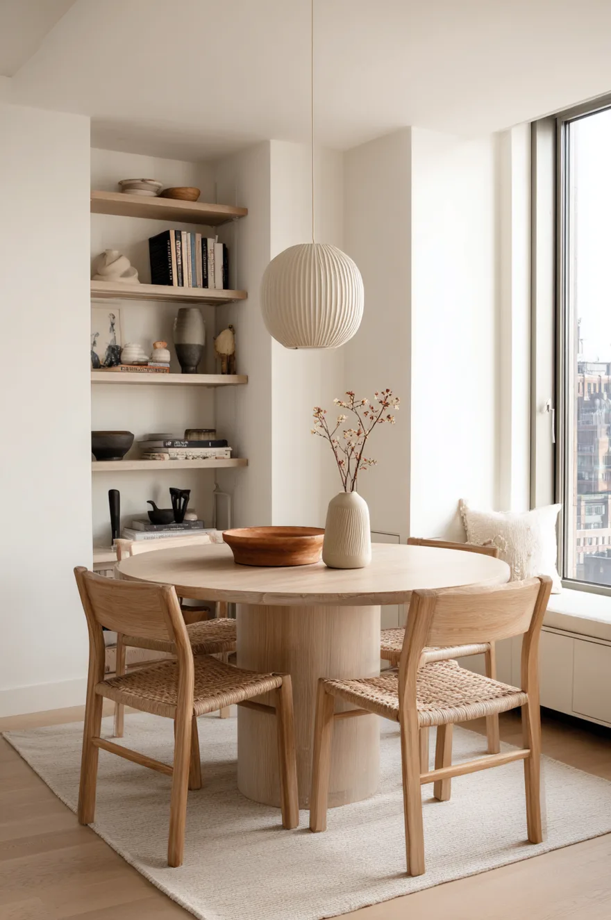 Small round dining table in a city apartment corner that doubles as a workspace with stylish chairs.