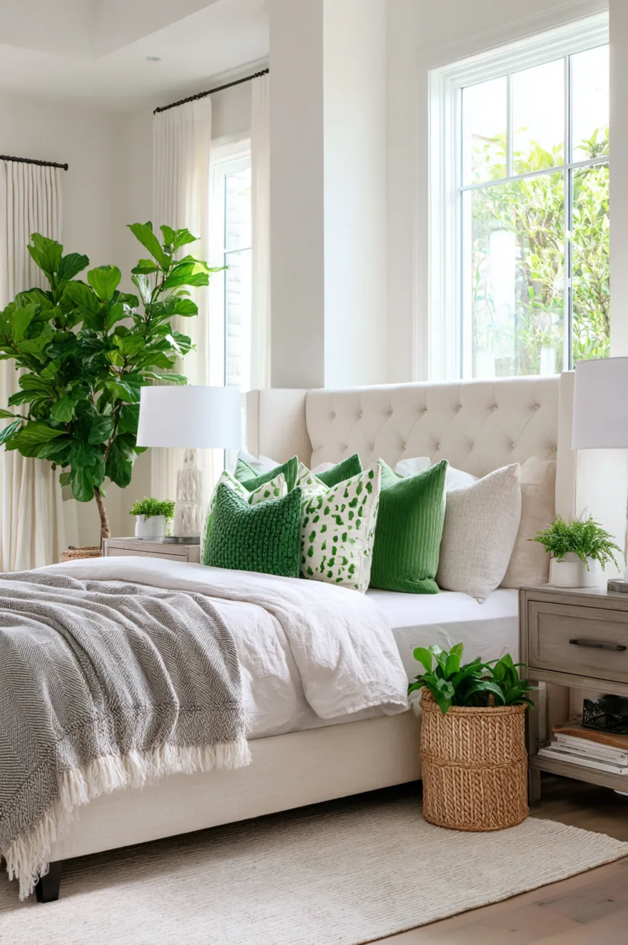 Bright master bedroom featuring a large fiddle leaf fig tree in the corner and green accent pillows on the bed.