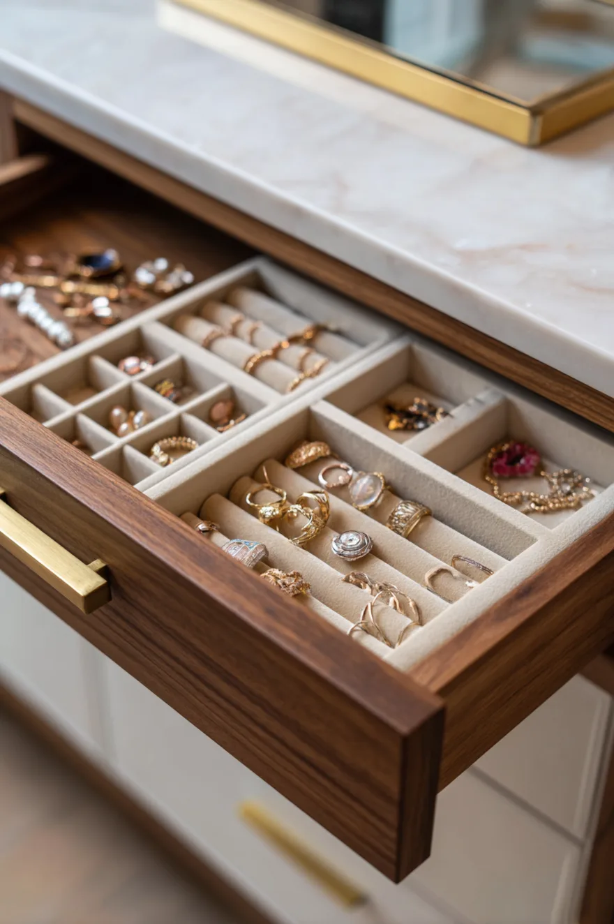 A view looking down into an open vanity drawer featuring light wood internal dividers. The compartments are perfectly organized, holding makeup brushes, an eyeshadow palette, face compacts, and various small beauty tools. Every item has a designated spot.