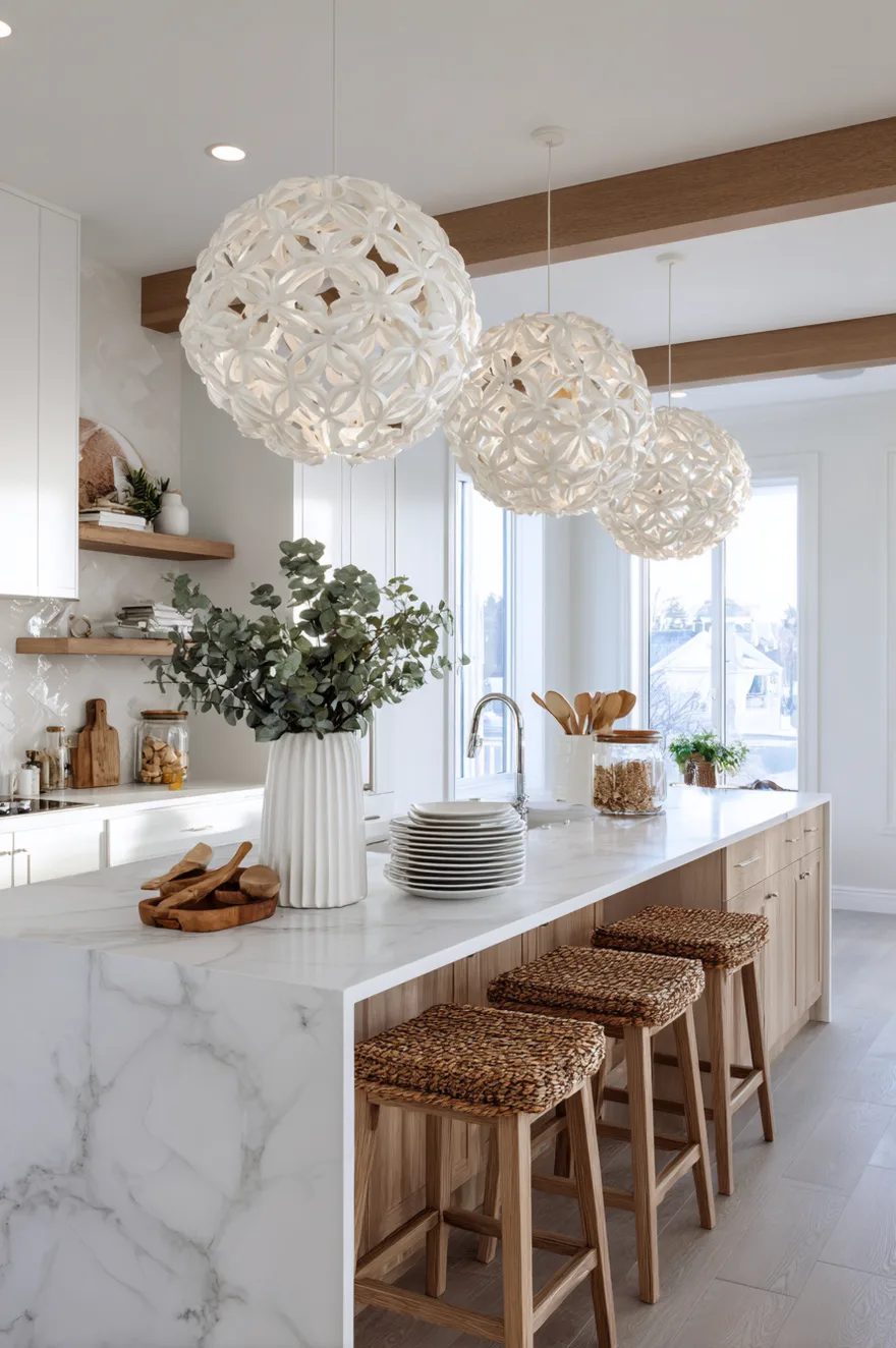 Sculptural white geometric kitchen pendant lights over island blending seamlessly into a bright white modern kitchen.