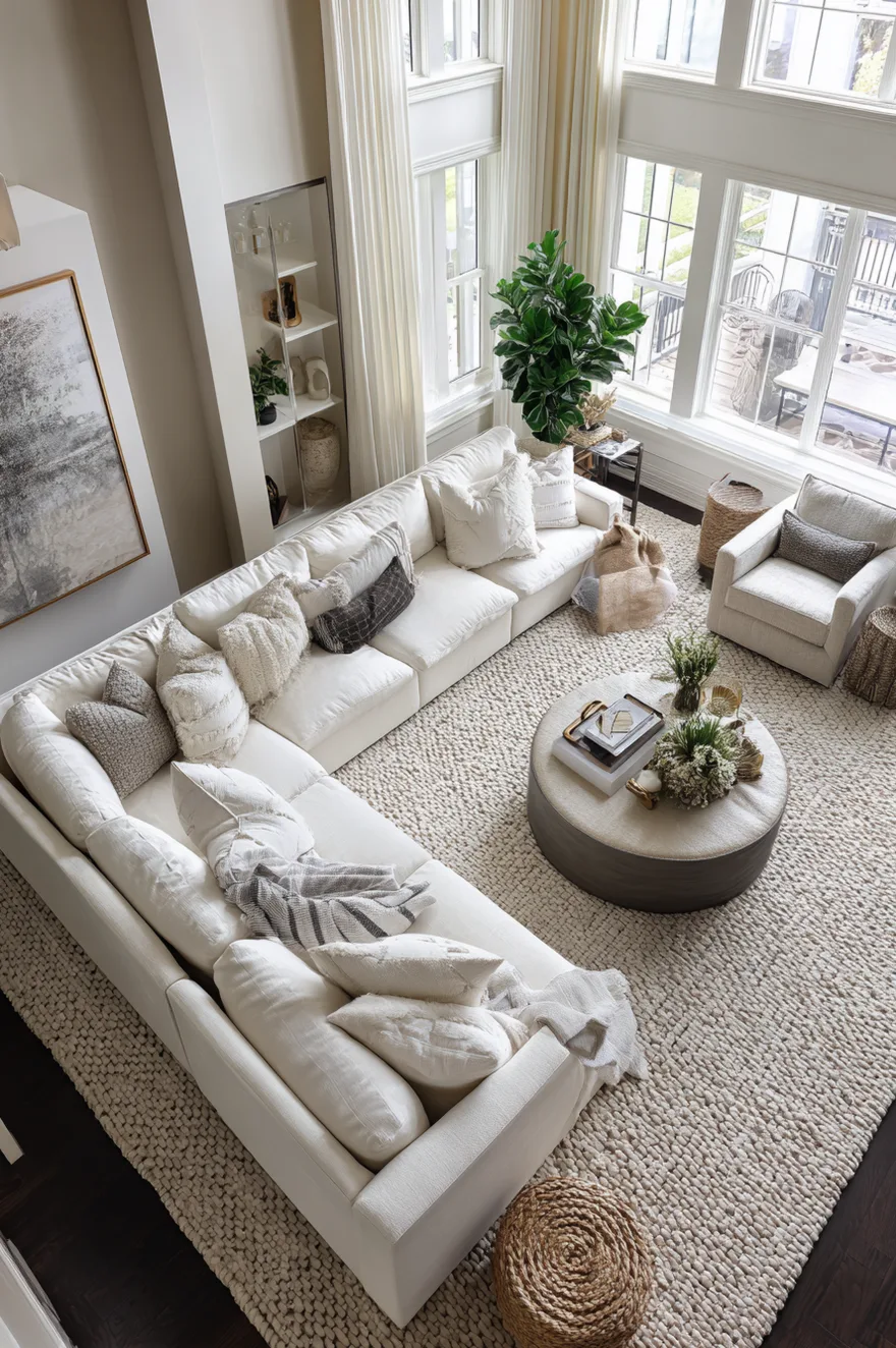 A top down view of a living room showing a large chunky knit beige rug anchoring a white sectional sofa, a round upholstered coffee table, and a matching armchair.