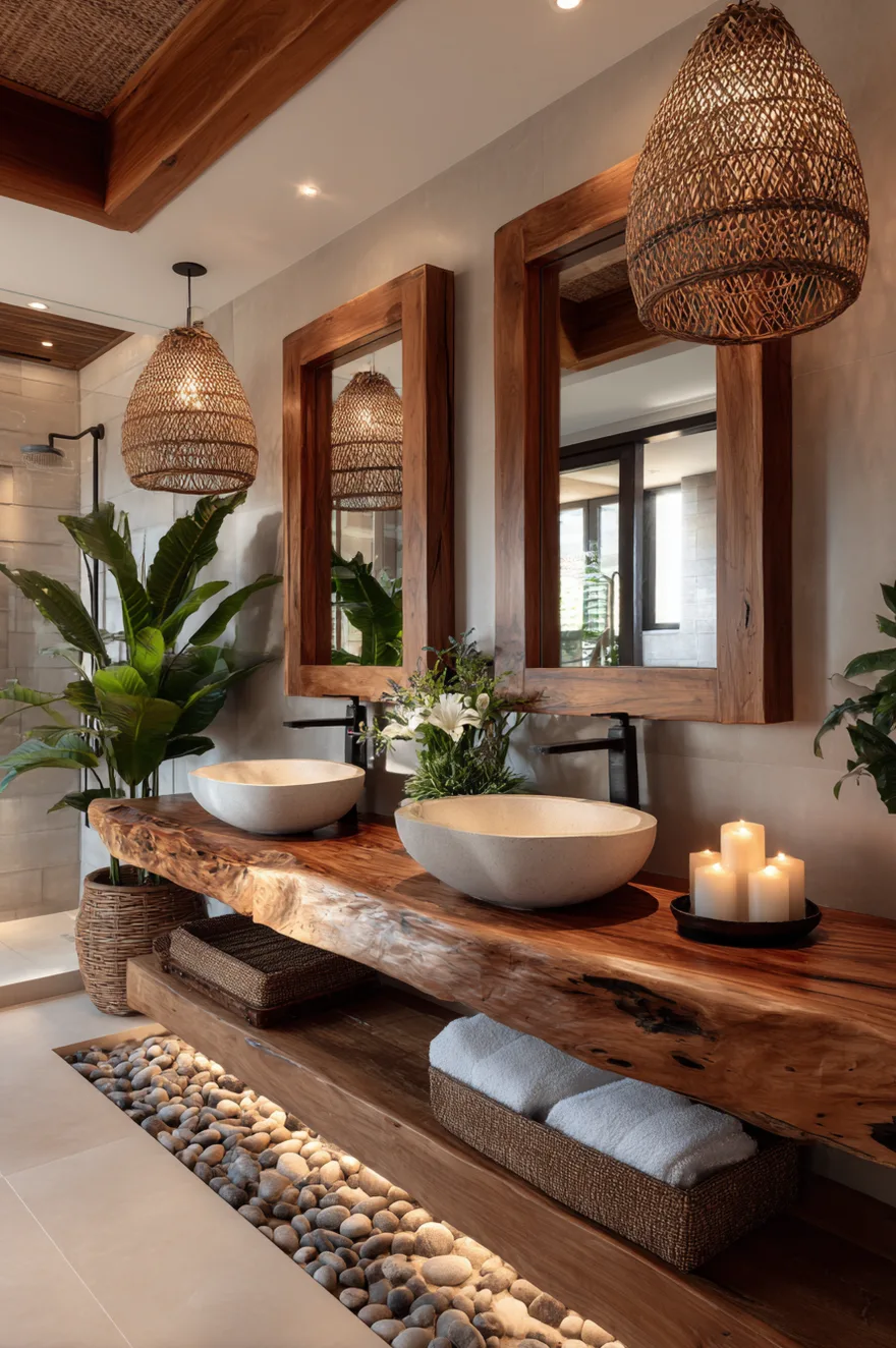 A luxury spa-style bathroom featuring a thick live-edge wood double vanity top holding two basin sinks with tall black faucets. Two matching wood-framed mirrors hang beneath woven pendant lights. The space is decorated with plants and candles, and features a glowing under-lit floor border filled with smooth river rocks.