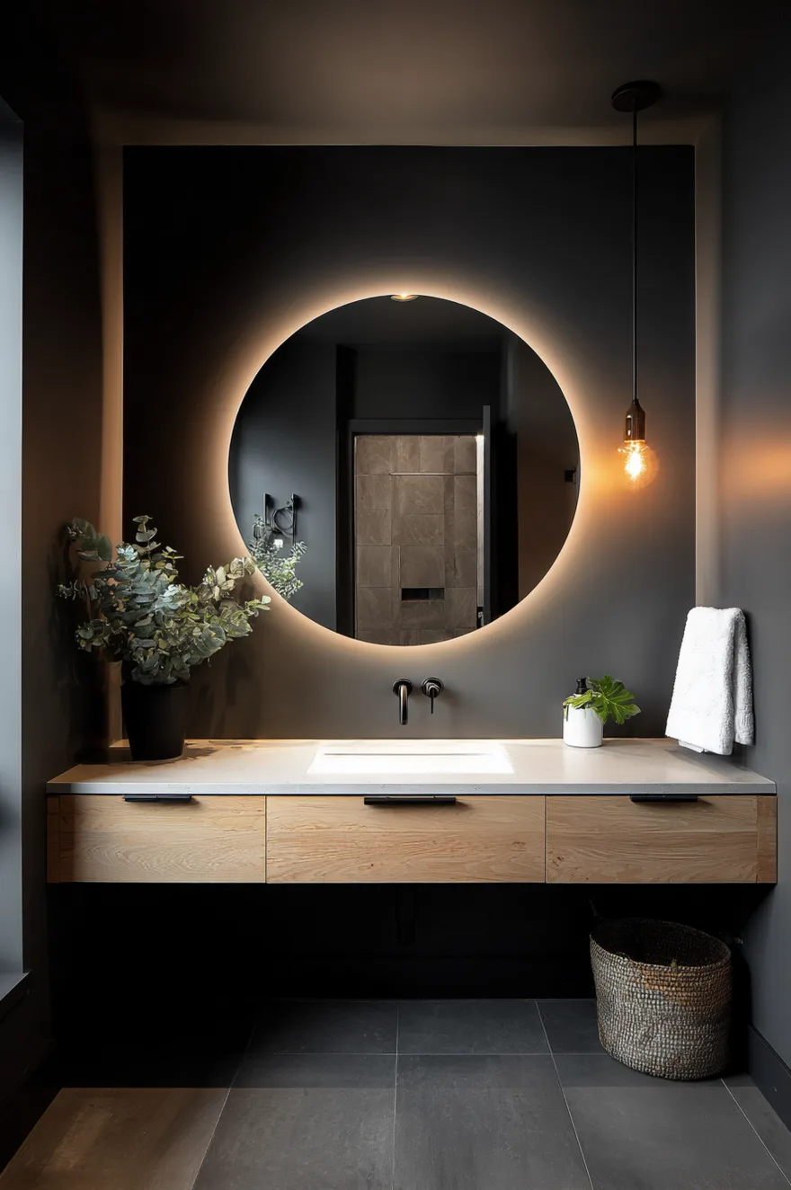 A dark, moody bathroom featuring charcoal grey walls and a large, round mirror illuminated by warm backlighting. Below the mirror is a floating, light oak wood vanity with three drawers, matte black pulls, and a white countertop with an integrated sink and black wall-mounted faucet. A single, warm exposed-bulb pendant light hangs to the right, and a potted green eucalyptus plant sits on the counter.