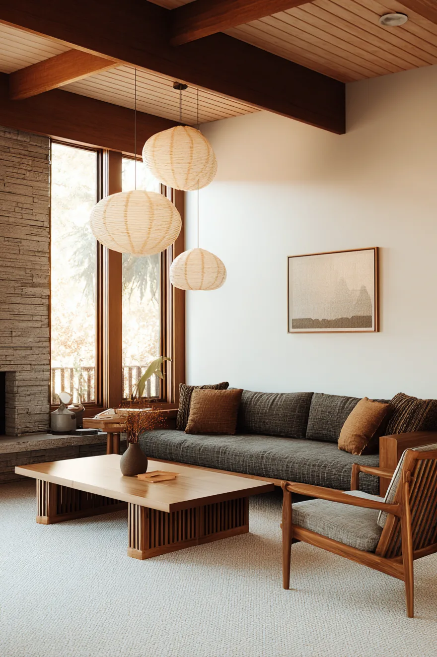 A minimalist living room with a grey textured sofa and matching wood-framed chair. Three large paper lantern pendants hang from a wooden ceiling over a slatted wood coffee table on a white rug.