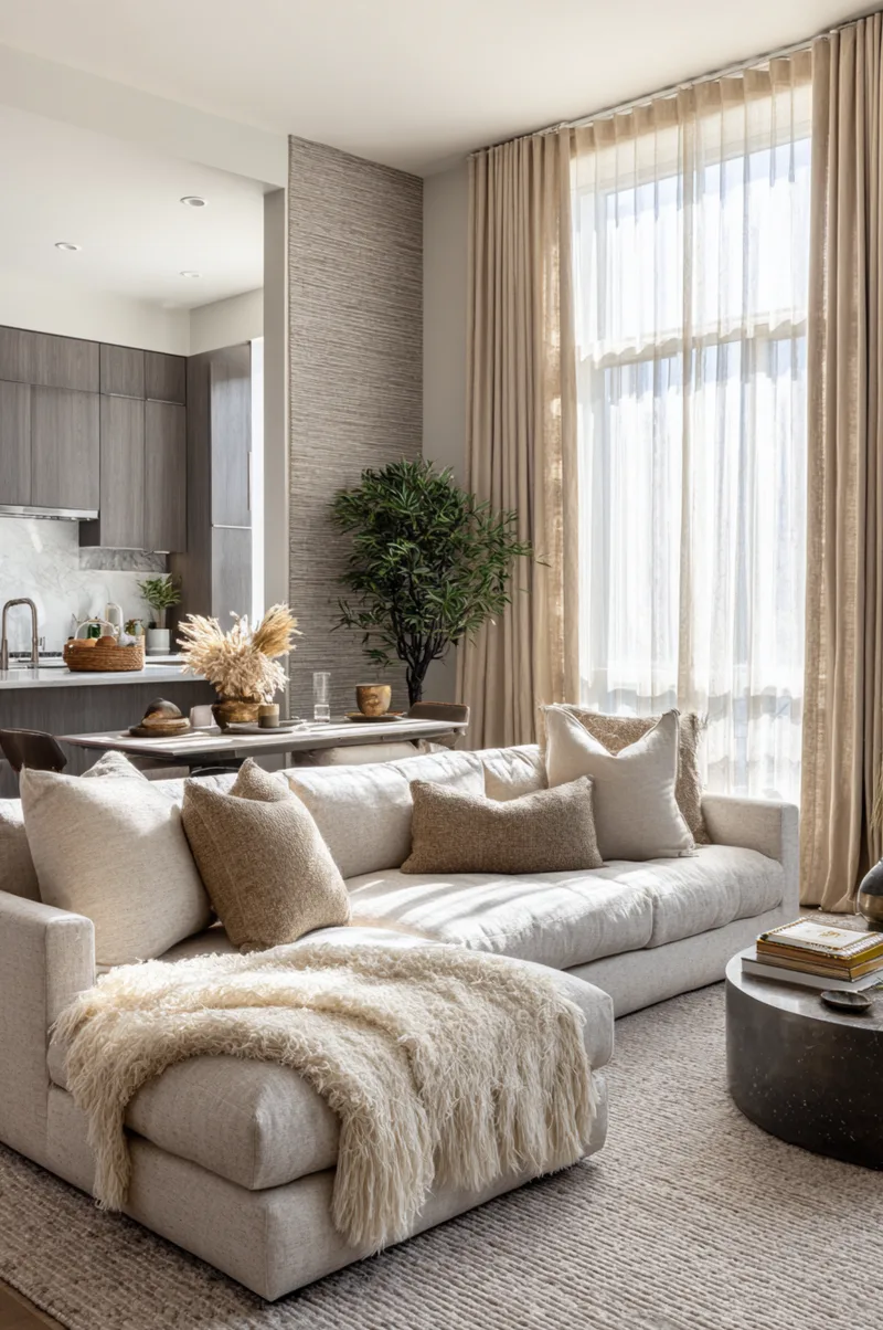 Living room featuring floor-to-ceiling beige curtains and a plush textured rug to absorb sound in an open space.