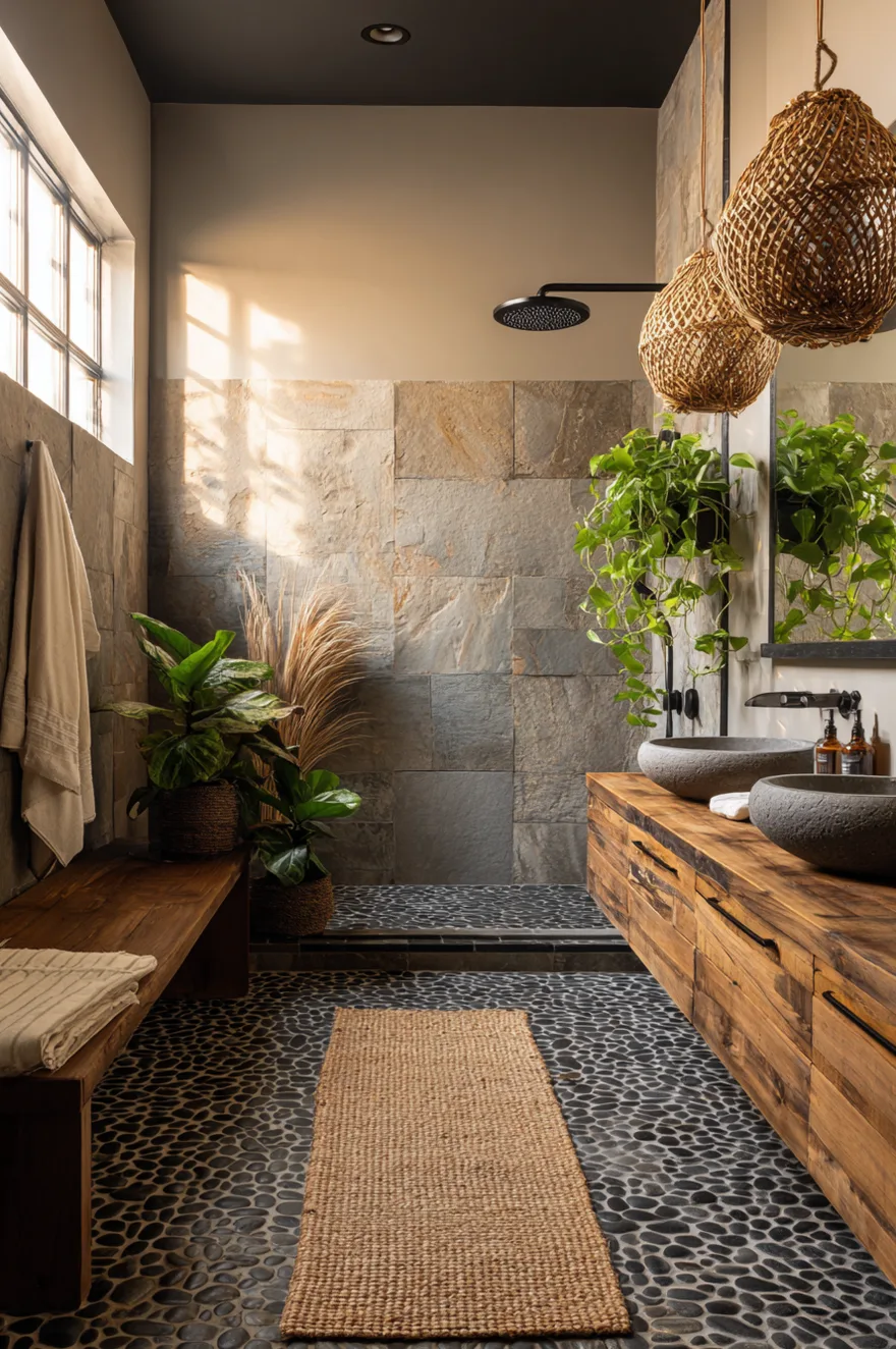 An organic bathroom design featuring a walk-in shower with natural stone walls, a dark pebble tile floor, a rustic wood vanity with stone vessel sinks, woven pendant lights, and vibrant green potted plants.