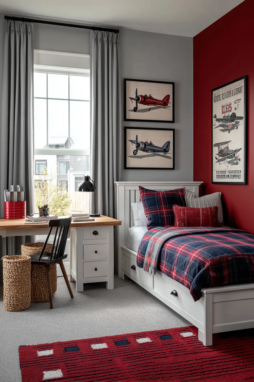 A boys bedroom featuring a bold red accent wall behind a white bed, styled with navy and red bedding and a star patterned area rug.