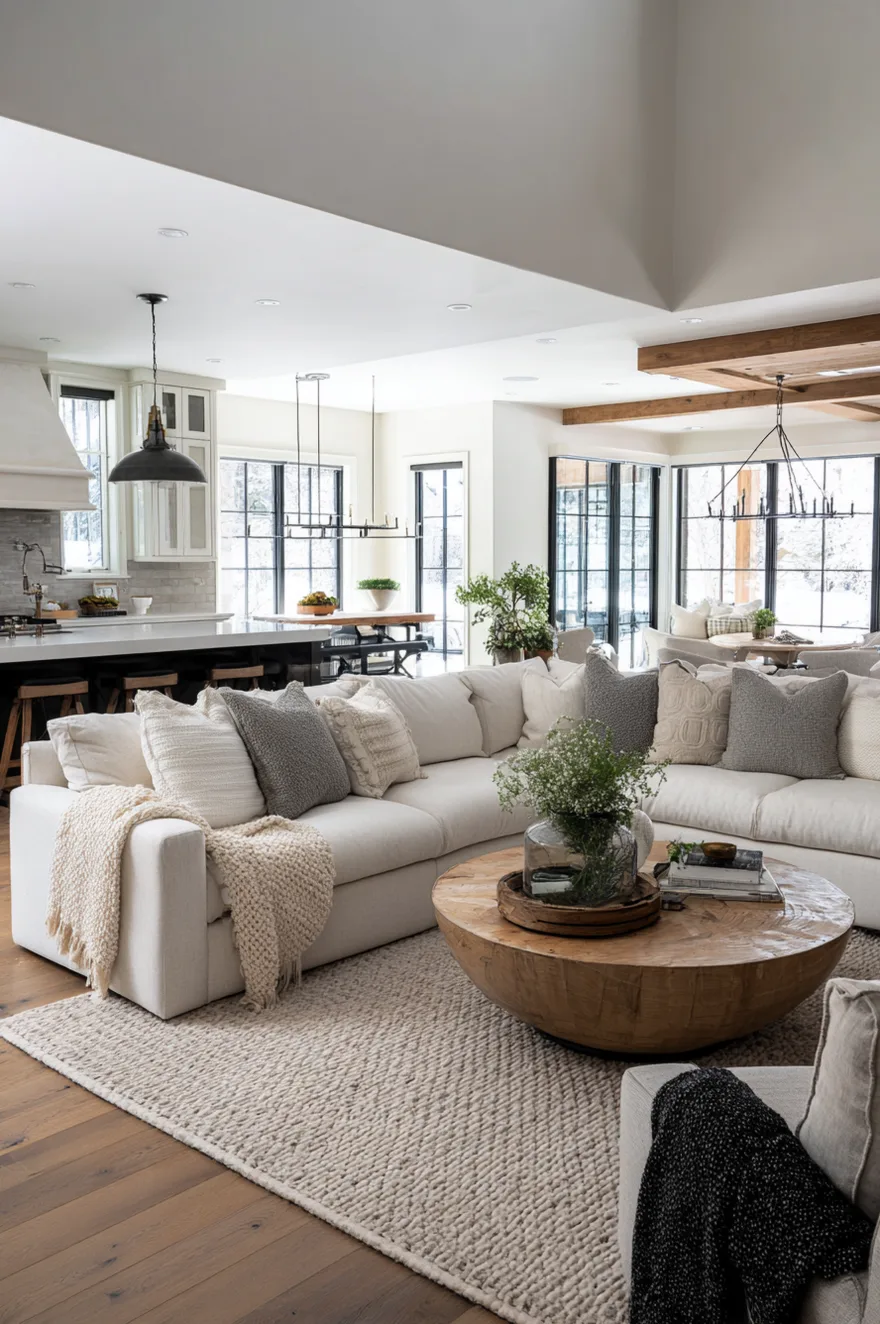 A view of a large open plan living space where a massive U-shaped white sectional floats in the room, defining the living area. It faces a wall with a TV and fireplace. A dining area and kitchen island are visible in the background.
