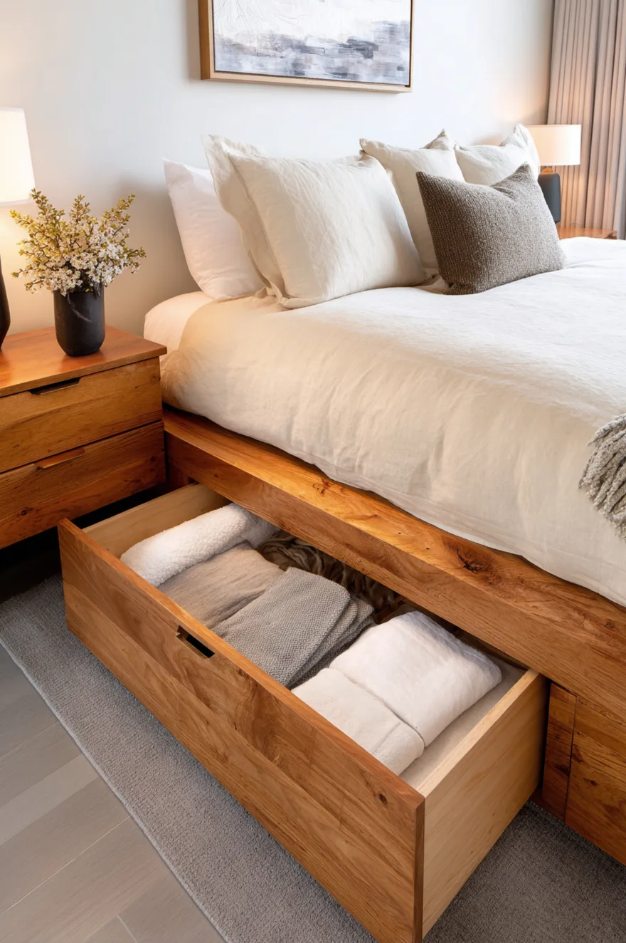 Warm wood platform bed featuring a pulled-out under-bed storage drawer filled with neatly folded grey and white blankets. The bed is dressed in crisp white linen and a dark grey textured pillow, positioned next to a matching wood nightstand with a dark vase.